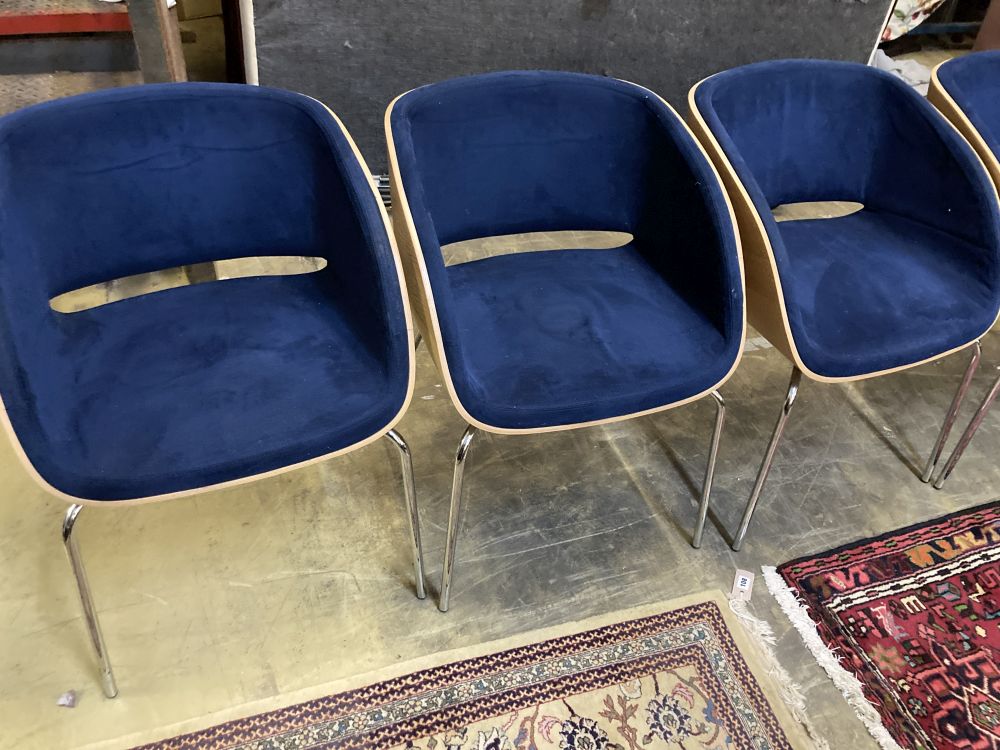 A set of six Hulsta D5 bentwood and blue suede dining chairs, width 58cm depth 58cm height 75cm